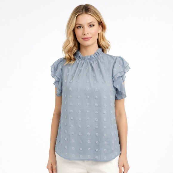 SHEIN Tops - SHEIN Women's Swiss Dot Blouse Baby Blue Medium Ruffle Sleeve